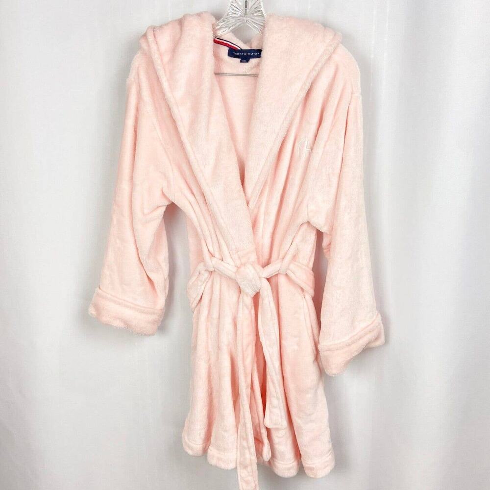 Tommy Hilfiger Pink Star Print Hooded Robe Sz L XL Soft Faux Fur Texture Pockets